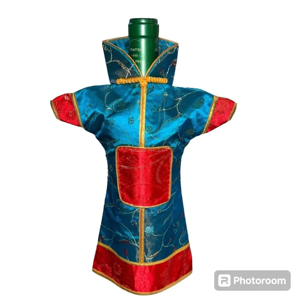 Chinese Asian Kimono Wine Bottle Covers Set of 3 Oriental Dress Brocade Decor